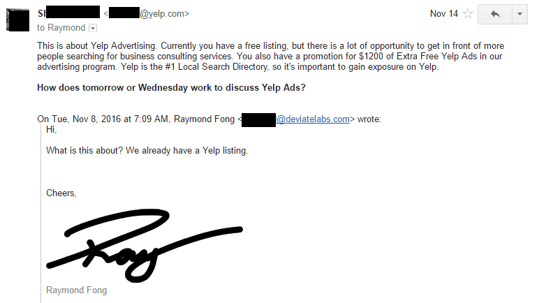 Yelp Salesman Email
