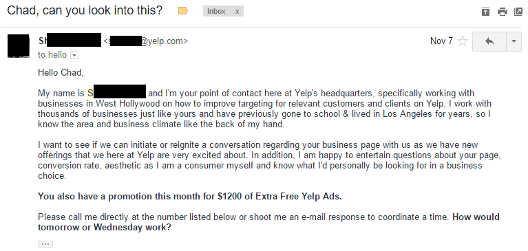 Yelp email